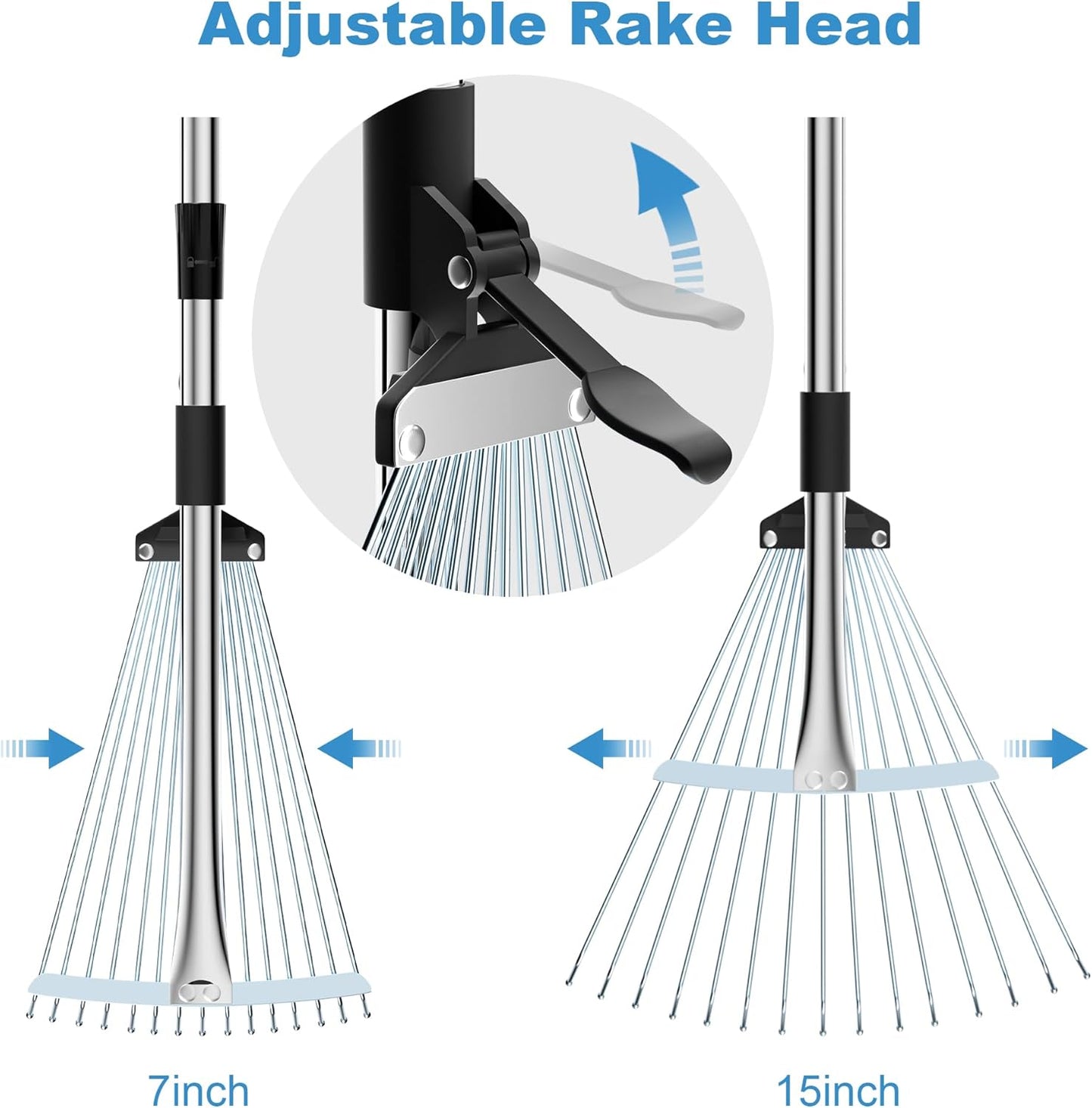 Garden Rake for Leaves, Metal Adjustable Leaf Rake for Lawns, Length 37"-53", Adjustable Expandable Head 8"-15", Garden Tools for Lawn Garden Yard Flowers Beds Bush