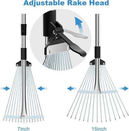 Garden Rake for Leaves, Heavy Duty Metal Adjustable Leaf Rake for Lawns, Length 37"-81", Adjustable Expandable Head 8"-15", Garden Tools for Lawn Garden Yard Flowers Beds Bush