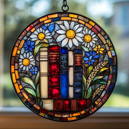Floral Stack of Bookks Acrylic Suncatcher Stained Glass Effect Window Car Hanging Christmas Ornament Indoor Outdoor Decor Garden Sun Catcher Panel for Book Lover for Women Mom Grandma