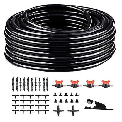 Drip Irrigation Kit, 1/4 Inch Polyethylene Distribution Irrigation Pipe for Micro-Spraying, Emitter Connecting Pipe Kit, DIY Garden Water-Saving Irrigation System with Blank Branch Hose. (01, 98FT)