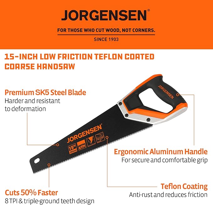 JORGENSEN 15??Hand Saw, Black Coated Coarse Handsaw 8TPI for Wood Cutting, Ergonomic Non-Slip Aluminum Handle for Sawing, Trimming, Gardening, Pruning, PVC