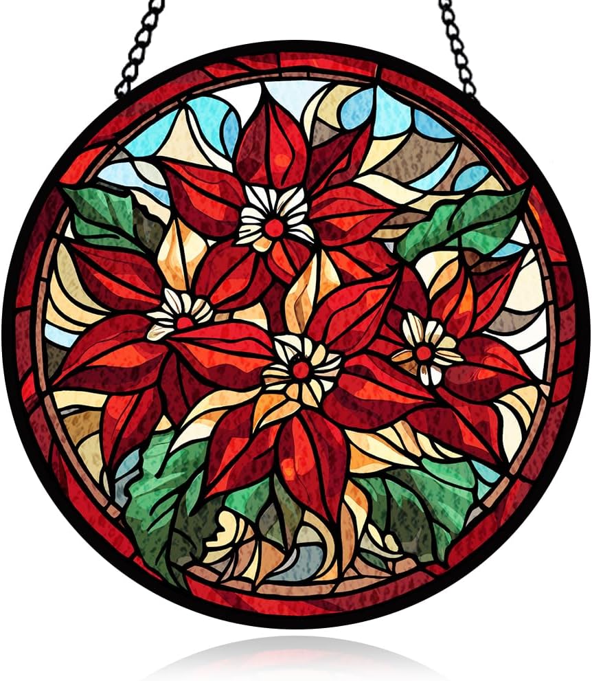 Red Flower Stained Glass Window Hanging, Hanging Sun Catcher Ornament, Red Flower Botanical Glass Panel, Window Ornament for Indoor Outdoor, Gifts for Christmas Housewarming, Birthday Party, Wedding