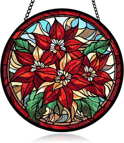 Red Flower Stained Glass Window Hanging, Hanging Sun Catcher Ornament, Red Flower Botanical Glass Panel, Window Ornament for Indoor Outdoor, Gifts for Christmas Housewarming, Birthday Party, Wedding