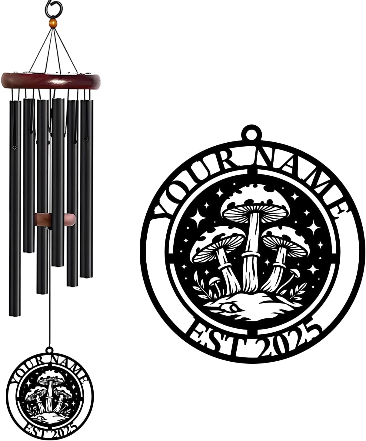 Personalized Customize Name Fantasy Mushroom Wonderland Wind Chime, Metal Iron 37 Inch Outdoor Memorial Gift for Garden Yard Patio Home Decor, Black (Style G)