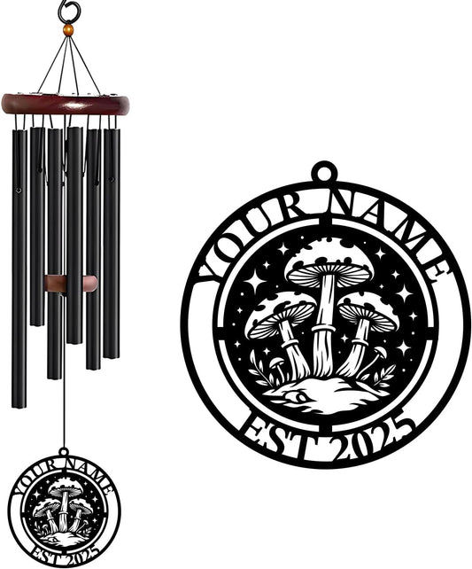 Personalized Customize Name Fantasy Mushroom Wonderland Wind Chime, Metal Iron 37 Inch Outdoor Memorial Gift for Garden Yard Patio Home Decor, Black (Style G)
