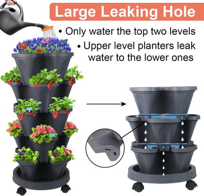 Vertical Planter, 5 Tier Stackable Strawberry Planter with Garden Tool Set, Movable Indoor/Outdoor Garden Herb Pot for Growing Vegetables and Succulents, Dark Gray