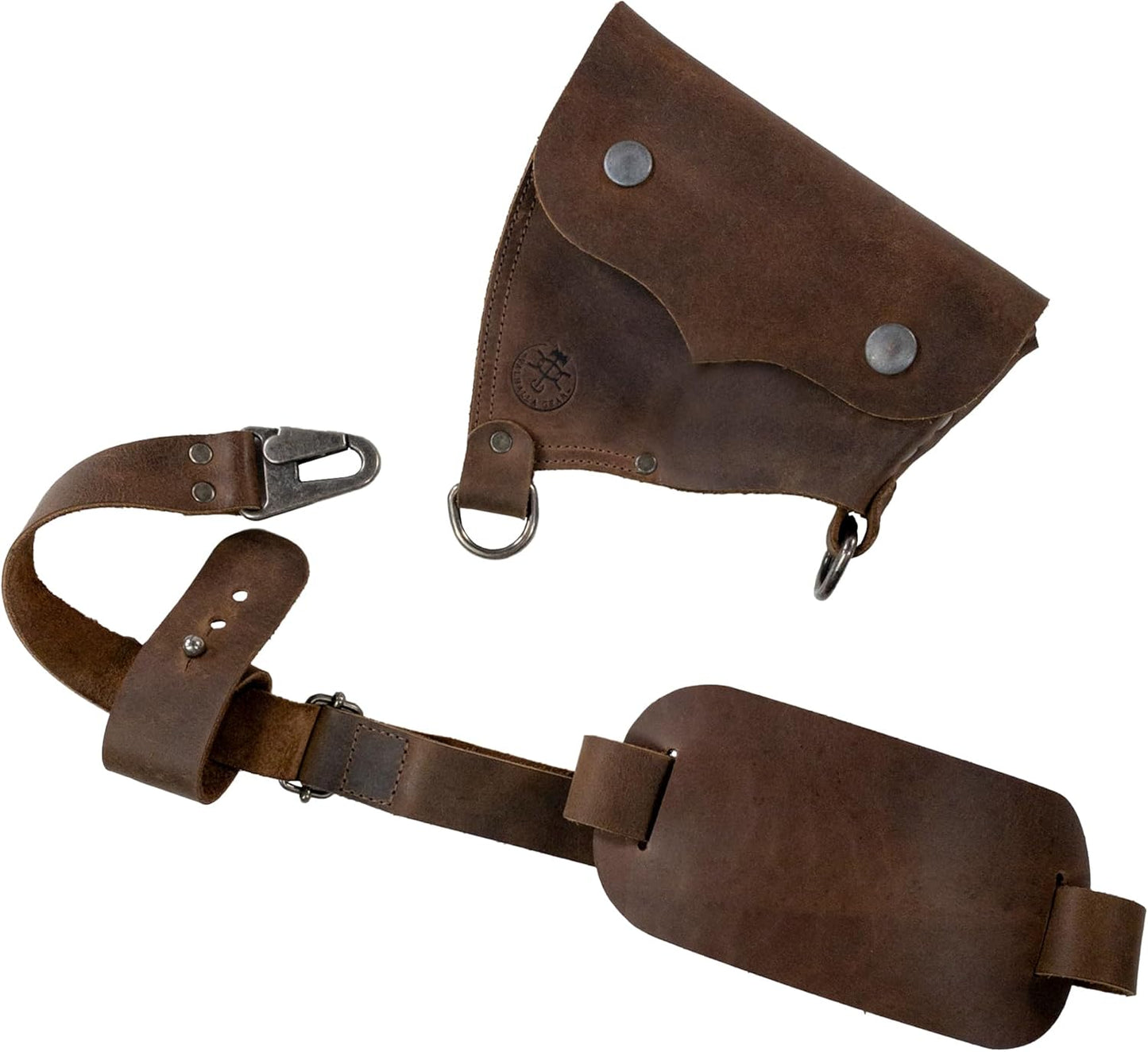 Axe Head Sheath with Shoulder Strap, Convertible Edge Protector, Riveted Carrier for Lumberjacks, Accessory for Tools, Home Improvement, Full Grain Leather, Handmade, Bourbon Brown