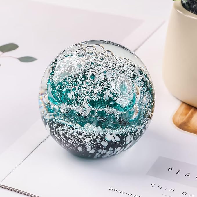 Decorative Crystal Ball Figurines Ocean Waves Paperweight Blown Glass Decor Sea Art Ocean Lovers Gift Green White 3.15"