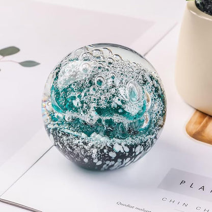 Decorative Crystal Ball Figurines Ocean Waves Paperweight Blown Glass Decor Sea Art Ocean Lovers Gift Green White 3.15"