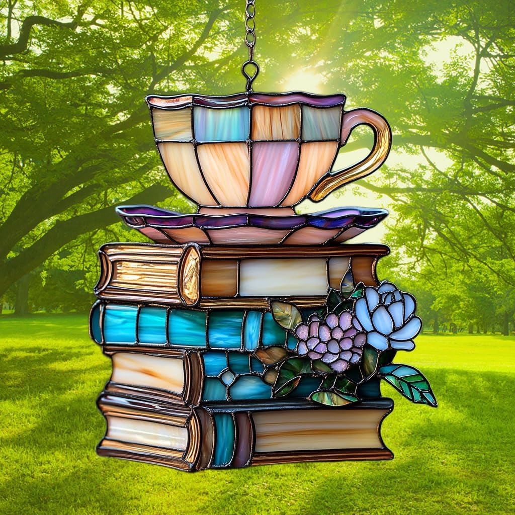 Flowers Book and Tea Acrylic Suncatcher Stained Glass Effect Window Car Hanging Christmas Ornament Indoor Outdoor Decor Garden Sun Catcher Panel for Book Lover for Women Mom Grandma