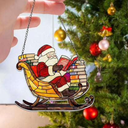 Christmas Sun Catcher for Window Hanging Read Book Santa Claus Designs Acrylic Suncatcher Decor for Wall Home, Garden, Housewarming Women Neighbor Party Cute Winter Xmas Gifts7.87inch
