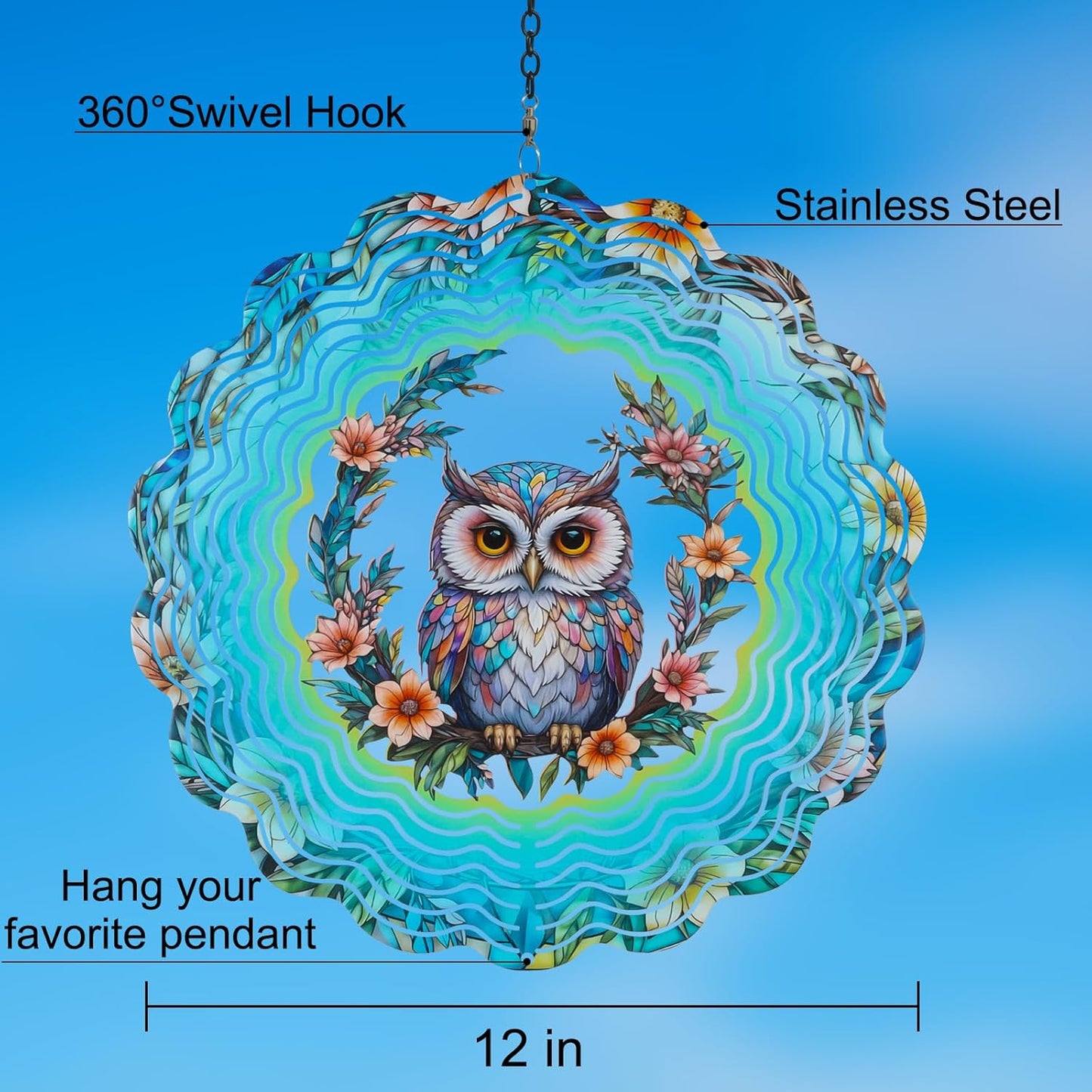 Metal Wind Spinners for Outdoor,Birthday Gifts for Women Mom Grandma, 12 Inch Owl Wind Spinner Bird Devices Deterrent to Scare Birds Away from Yard Patio Farm, Kinetic Sculpture Garden Decor