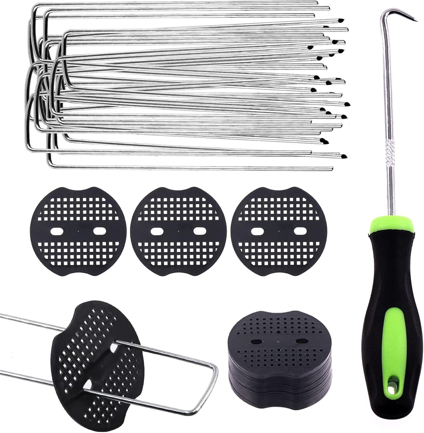 Swpeet 201Pcs U-Shaped Landscape Garden Stakes Staples and Plastic Fixing Gasket with Pick Hook Assortment Kit, Garden Lawn Landscape Staples for Irrigation Hoses, Fixed Fences, Artificial Turf Nails