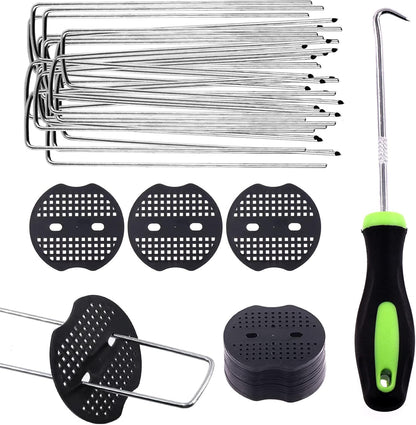 Swpeet 201Pcs U-Shaped Landscape Garden Stakes Staples and Plastic Fixing Gasket with Pick Hook Assortment Kit, Garden Lawn Landscape Staples for Irrigation Hoses, Fixed Fences, Artificial Turf Nails