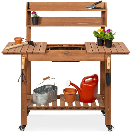 Best Choice Products Mobile Garden Potting Bench, Outdoor Wood Workstation Table w/Sliding