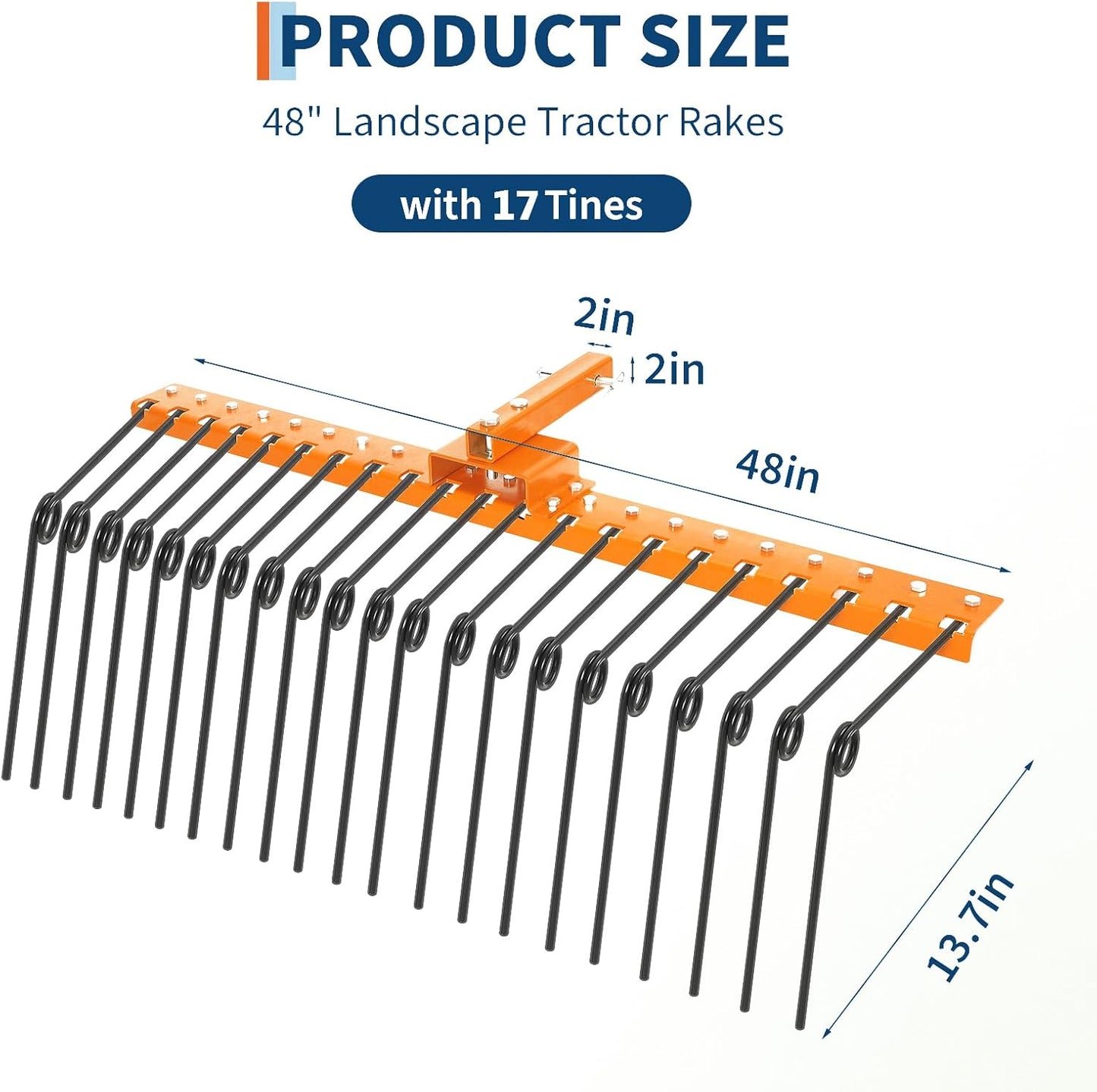 48 in Durable Pine Straw Rake Steel Spring Landscape Rake Fits 2 in Receiver for Lawn Tractors or ATV/UTV, Orange