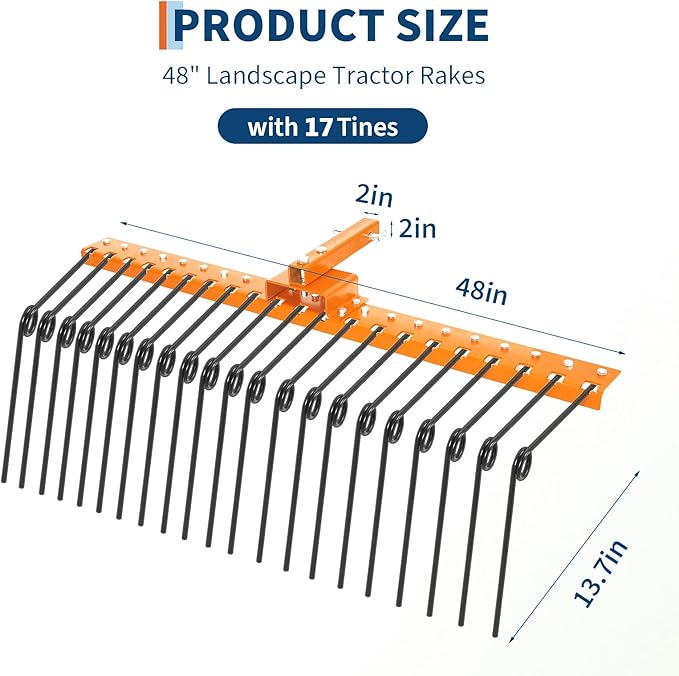 Tow Behind Landscape Rake, 48" Tow Dethatcher with 17 Steel Coil Tines, Lawn Dethatcher Rake Attaches to 48" or 60" Toolbars and 3-Point Suspension Systems, for Leaves, Pine Needles, and Grass, Orange