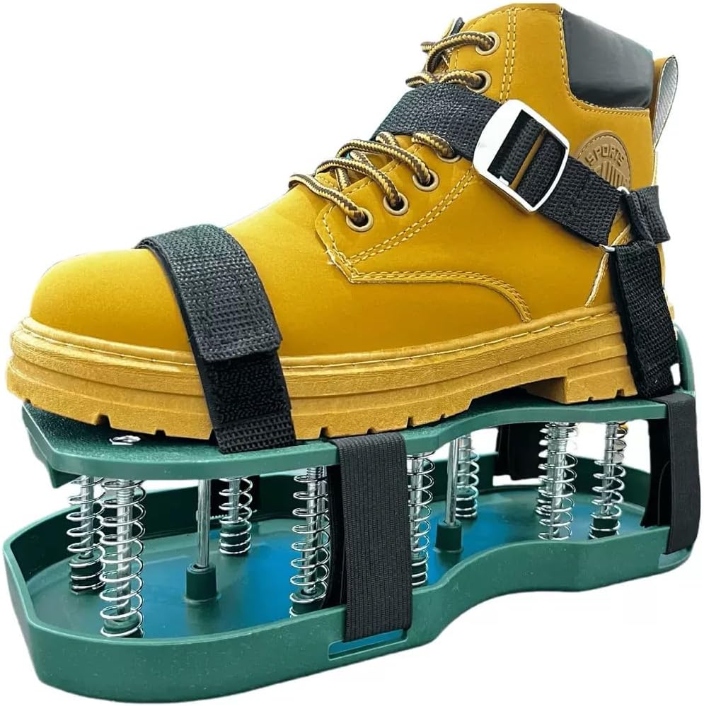 Lawn Aerator Shoes for Grass, Double Layer with Spiked Bottom and Spring Base, Soil Yard Aerator Tool for Aerating Patio Garden with Adjustable Strap, Green