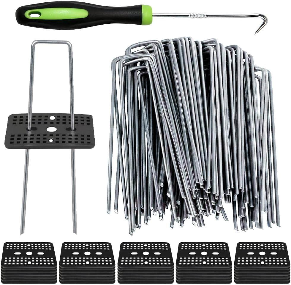 Bakulyor 50 Pcs Landscape Staples + 50 Pcs Gasket, 6 Inch Garden Stakes Staples 11 Gauge U Shaped Galvanized Lawn Landscape Pins, Heavy Duty Yard Ground Pin for Weed Barrier Sod Fabric Decorations