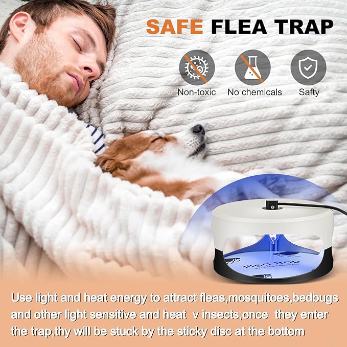 Qualirey 4 Packs Flea Traps for Inside Your Home with 8 Sticky Disc 12 Bulbs 4 Electric Wires, Pest Insects Killer Bed Bug with Light for Indoor Safe to Pets(Round Flea Trap,Black, White)