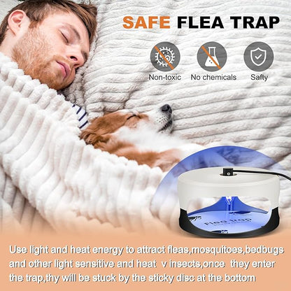 Qualirey 4 Packs Flea Traps for Inside Your Home with 8 Sticky Disc 12 Bulbs 4 Electric Wires, Pest Insects Killer Bed Bug with Light for Indoor Safe to Pets(Round Flea Trap,Black, White)