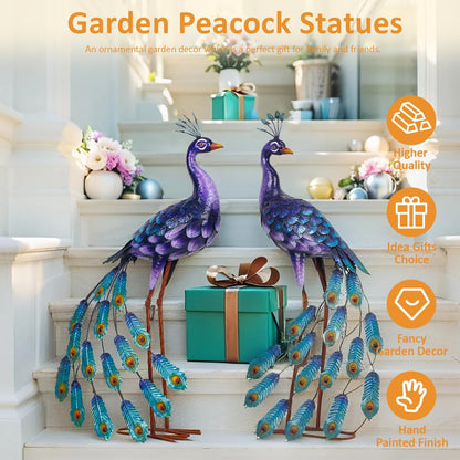 Kircust Purple Peacock Garden Statue and Sculpture, Metal Peacocks Yard Art Lawn Decor, Large Birds Garden Sculptures & Statues for Patio Backyard Pond Home Decoration