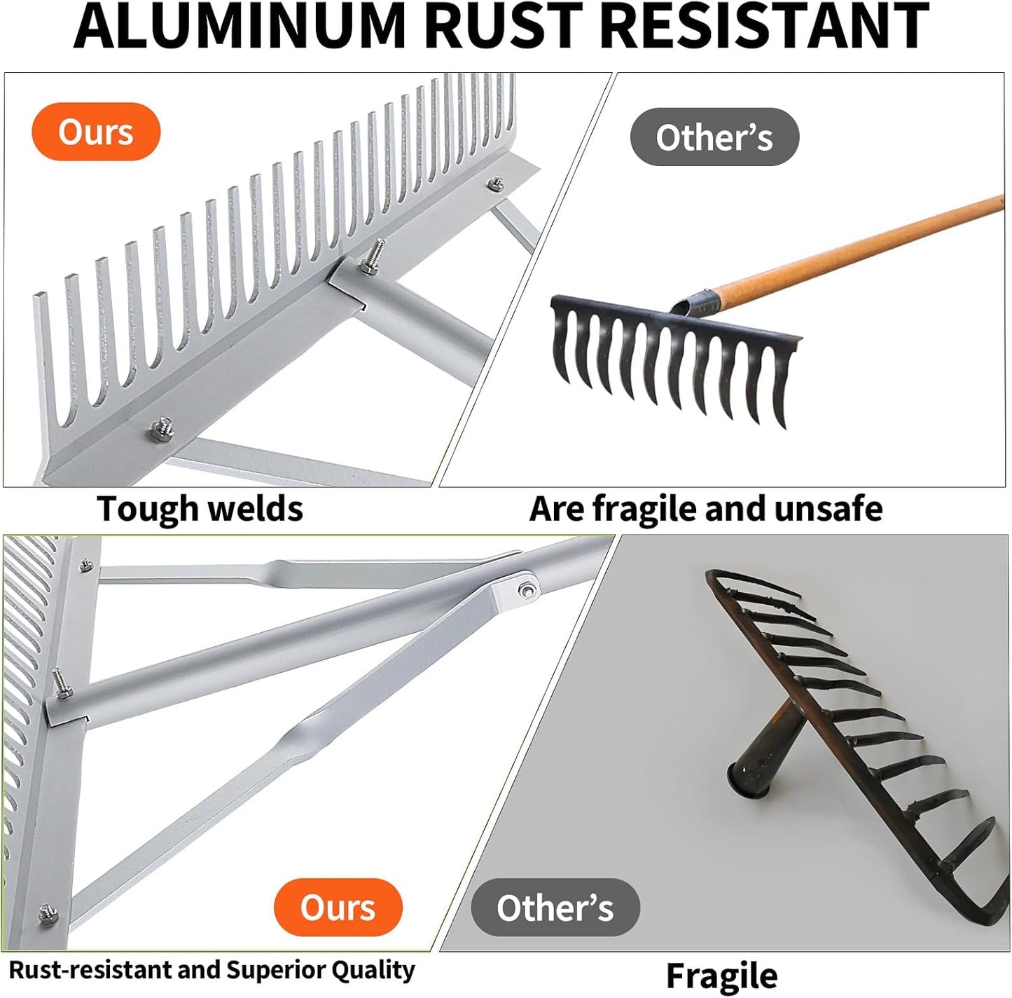 36inches Head Aluminum Landscape Rake Landscape Rake with 104 inches Long Handle for Loosening Soil Lawn Care Weeding Lake Garden(36" Handle)