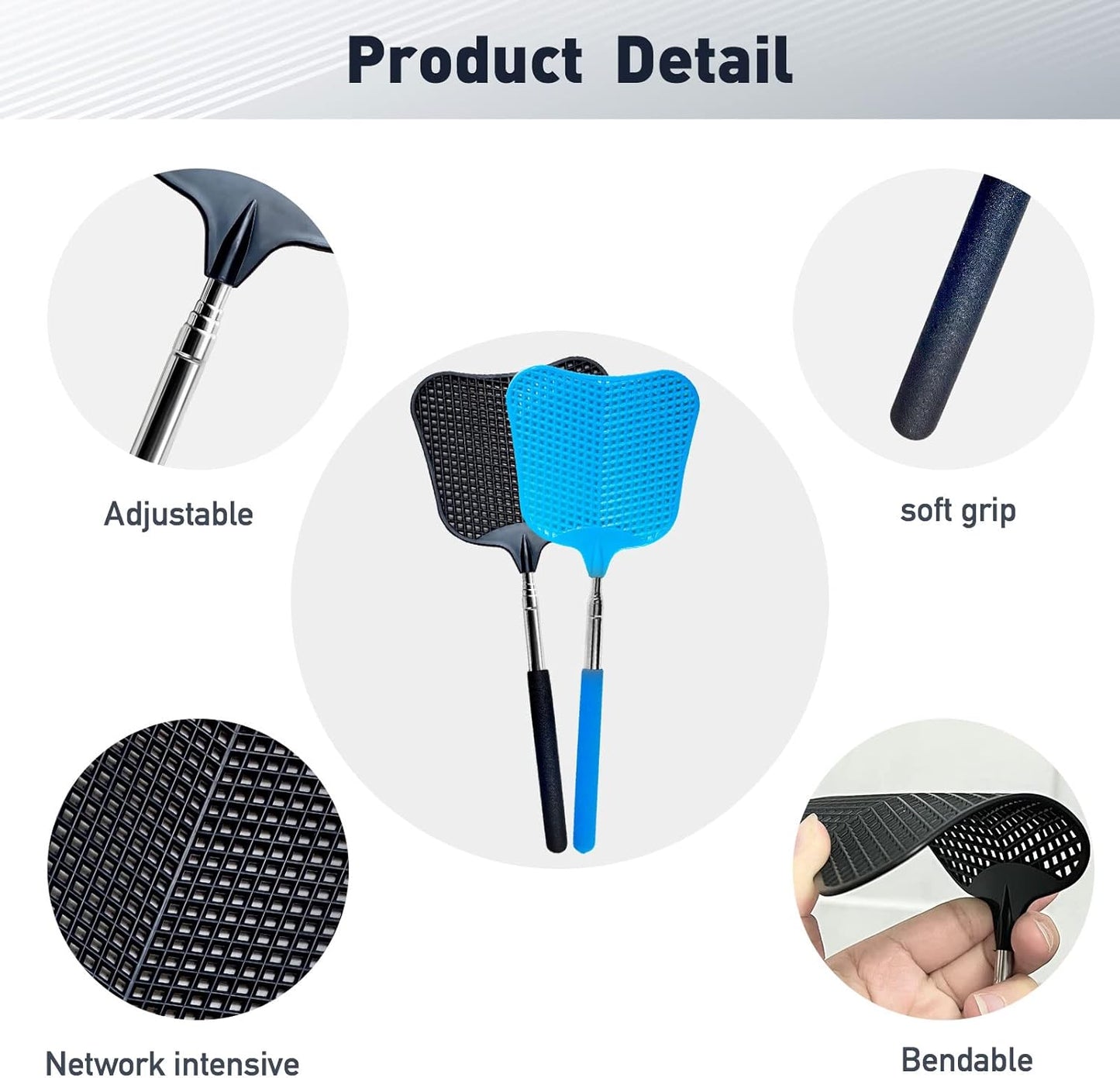 Fly Swatter, Flexible and Durable Telescopic Stainless Steel Retractable Handle ，Manual Fly swatters for Home,Garden,Classroom and Office (2Pcs Black& Blue)