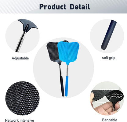 Fly Swatter, Flexible and Durable Telescopic Stainless Steel Retractable Handle ，Manual Fly swatters for Home,Garden,Classroom and Office (2Pcs Black& Blue)