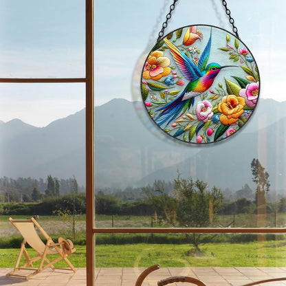 Hummingbird Suncatcher Stained Glass Window Hanging Design of 7.8''Hummingbirds Flowers for Sun Catchers Indoor Window Wall Art Home Decor Gift Painted Glass Panel