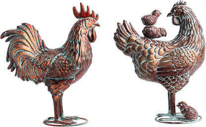 Metal Garden Chicken Sculpture Decor Antique Copper Rooster and Hen with Chicks Outdoor Statues Yard Art