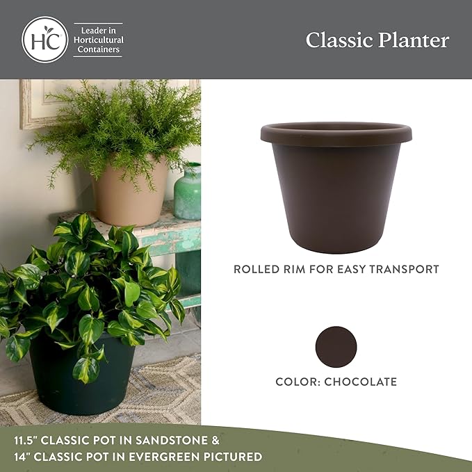 The HC Companies 7 inch Round Classic Planter - Plastic Plant Pot for Indoor Outdoor Plants Flowers Herbs, Chocolate