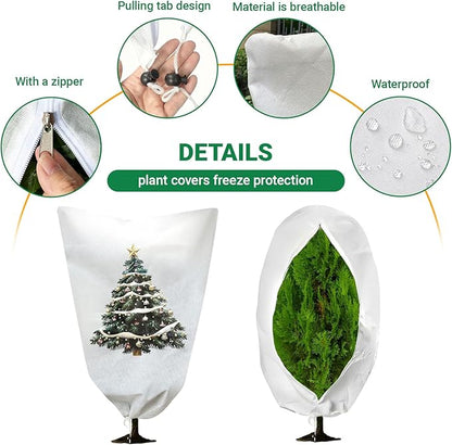 2-Pack Plant Covers Freeze Protection, 31" W x 47" L Thick Frost Cloth with Christmas Element, Tree Wrap for Winter with Zipper Drawstring Protect Your Plants
