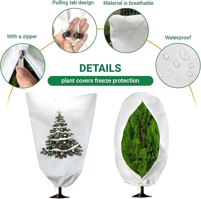 2-Pack Plant Covers Freeze Protection,23" W x 31" L Thick Frost Cloth with Christmas Element, Tree Wrap for Winter with Zipper Drawstring Protect Your Plants