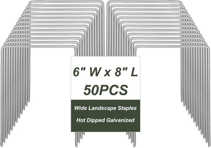 50 Pack Heavy Duty Wide Landscape Staples, 7 Gauge Galvanized Steel Turf Stakes Garden Stakes Bulk, U Type Anchor for Grass, Securing Weed Barrier Fabric, Pipes, Sod (8"x6")