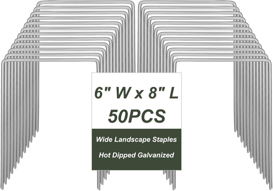50 Pack Heavy Duty Wide Landscape Staples, 7 Gauge Galvanized Steel Turf Stakes Garden Stakes Bulk