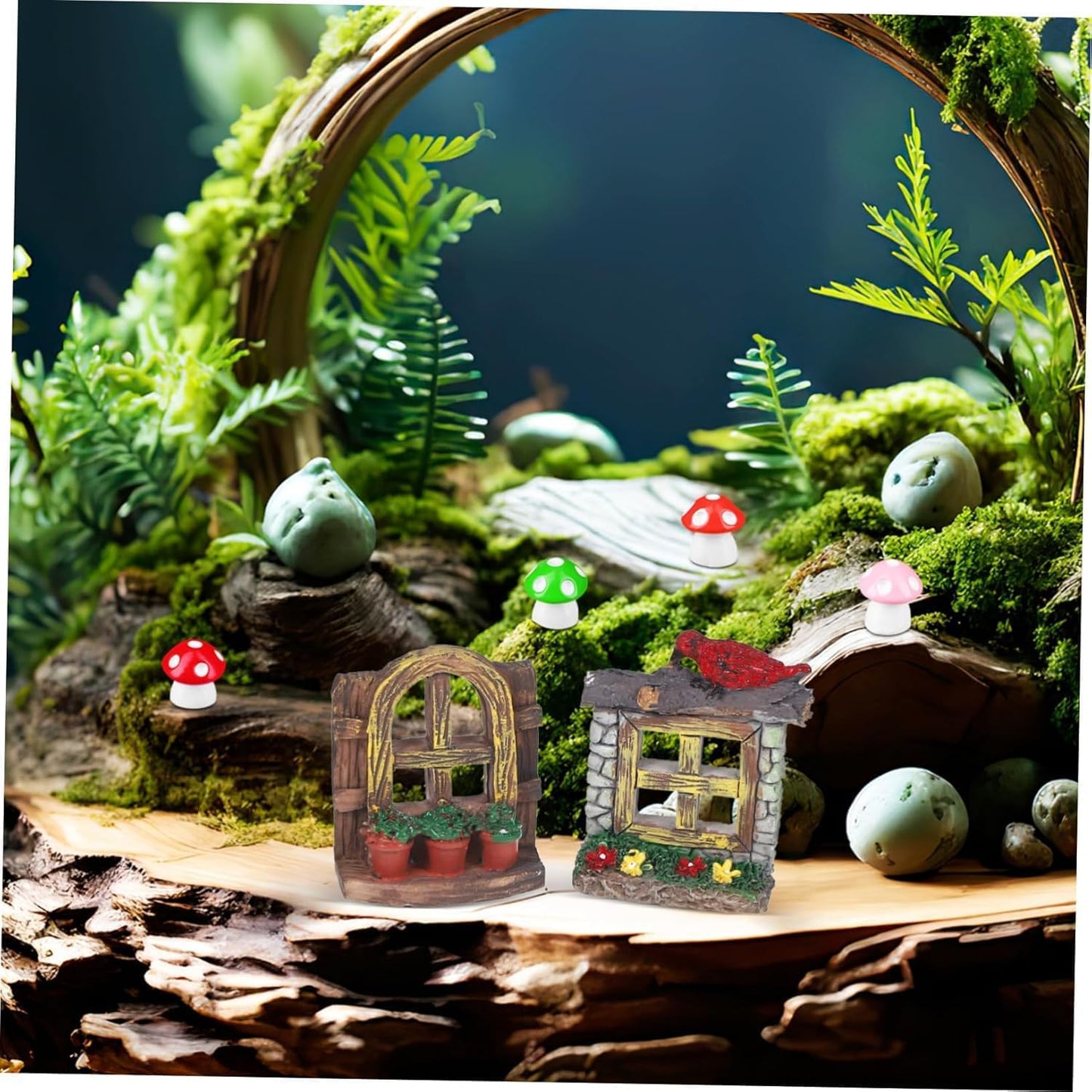 DOITOOL Resin Sculpture, 2 PCS Fairy Garden Door Accessories Miniature Window for Tree, Green with Pink Flower, Indoor/Outdoor Use, Gnome Themed Gift