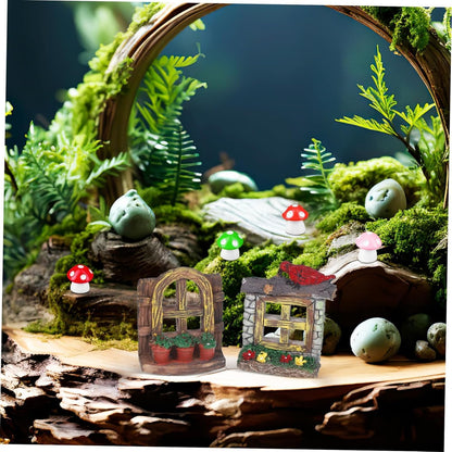 DOITOOL Resin Sculpture, 2 PCS Fairy Garden Door Accessories Miniature Window for Tree, Green with Pink Flower, Indoor/Outdoor Use, Gnome Themed Gift