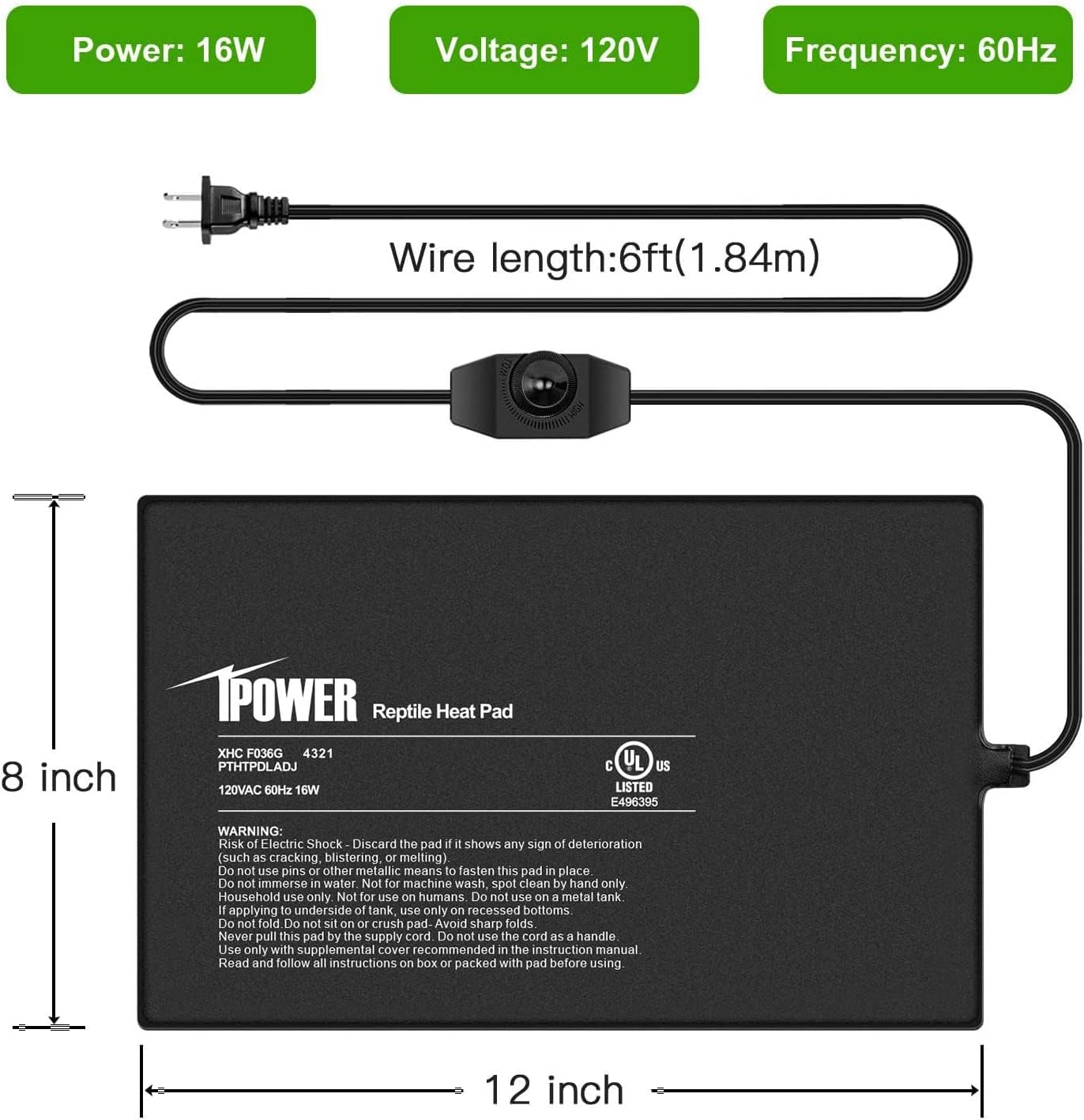 iPower 8x12 Inch Reptile Heating Pad with Adjustable Controller Knob, Under Tank Heater Mat for Turtles, Lizards, Snakes, Amphibians & Small Pets, 2 Pack