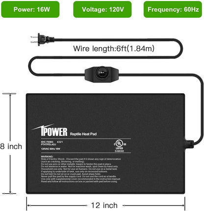iPower 8x12 Inch Reptile Heating Pad with Adjustable Controller Knob, Under Tank Heater Mat for Turtles, Lizards, Snakes, Amphibians & Small Pets, 2 Pack