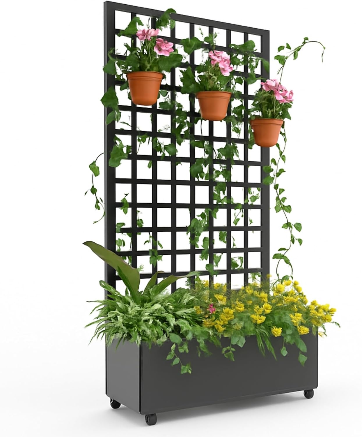 Metal Planter Box with Square Lattice Trellis - 72"x47" Galvanized Raised Garden Bed on Wheels for Climbing Plants and Vines, Black Finish