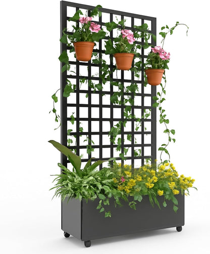 Metal Planter Box with Square Lattice Trellis - 72"x35" Galvanized Raised Garden Bed on Wheels for Climbing Plants and Vines, Black Finish