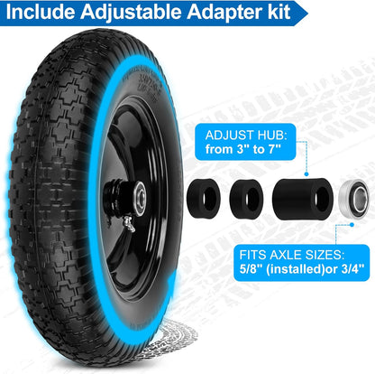 4.80/4.00-8" Flat Free Wheelbarrow Tires and Wheels, 14.5" Universal Fit Solid Tires with 5/8" or 3/4" Bearing, 3"-7" Hub, Adapter Kit Hand Truck Wheels Replacement for 3.50/2.50-8", 4.00-6"etc, 2 PCS