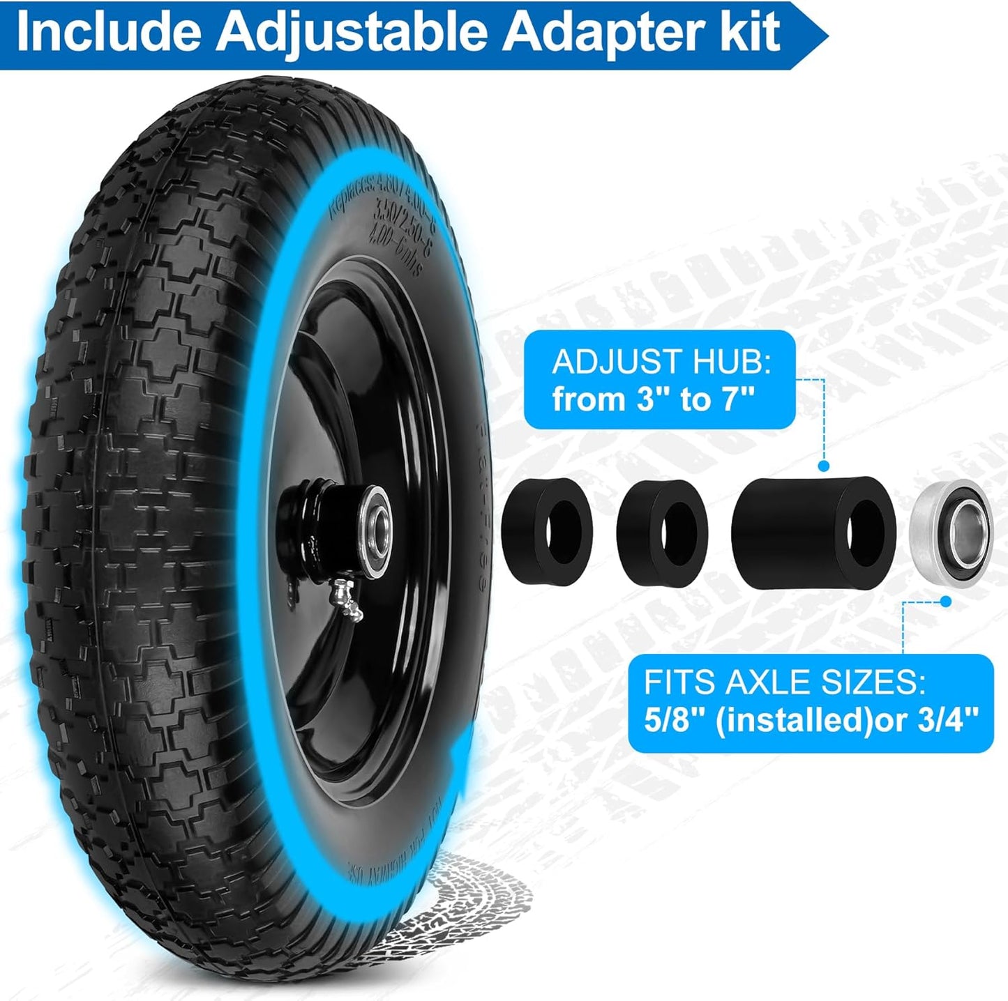 4.80/4.00-8" Flat Free Wheelbarrow Tire and Wheel, 14.5" Universal Fit Solid Tire with 5/8" or 3/4" Bearing, 3"-7" Hub, Adapter Kit Hand Truck Wheel Replacement for 3.50/2.50-8", 4.00-6"nhs etc