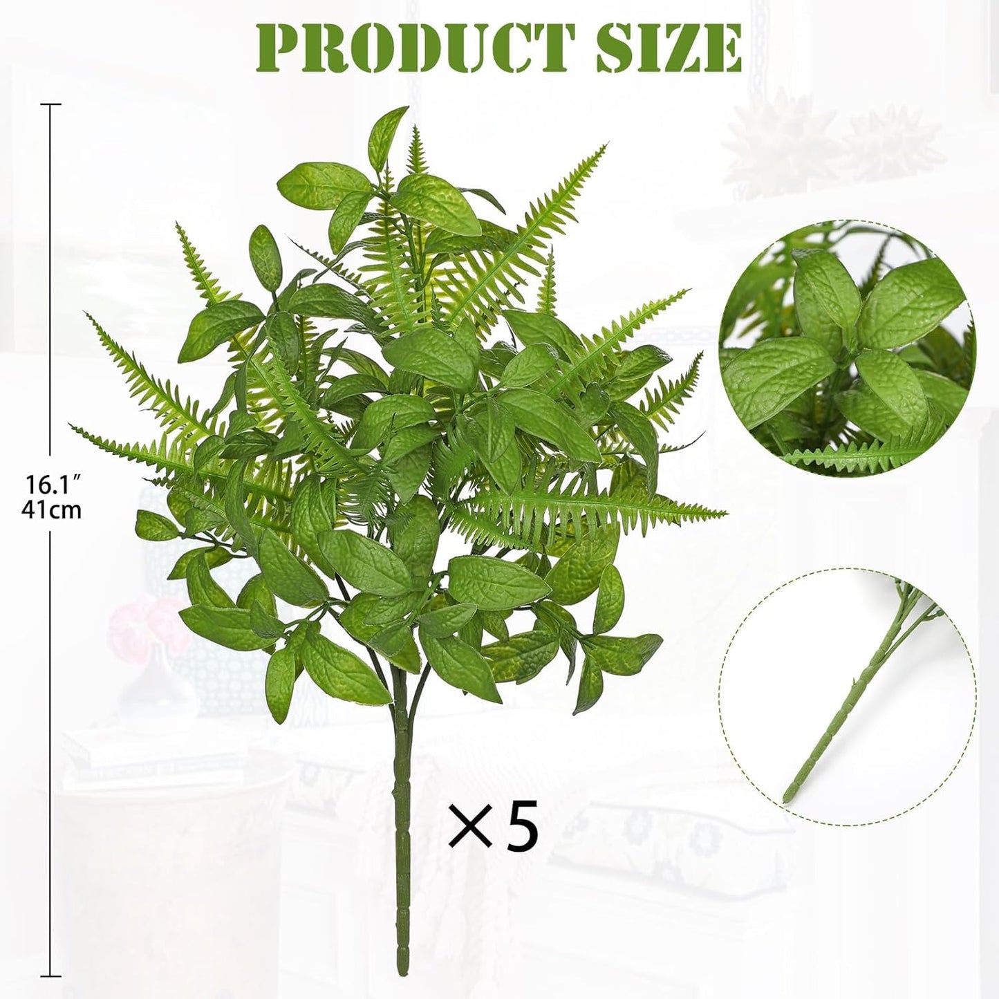 Artificial Fern Mint Leaves Stems Mix Plants 5pcs Realistic UV Resistant Fake Greenery Plants and Branches for Decor Home Indoor Outdoor Garden