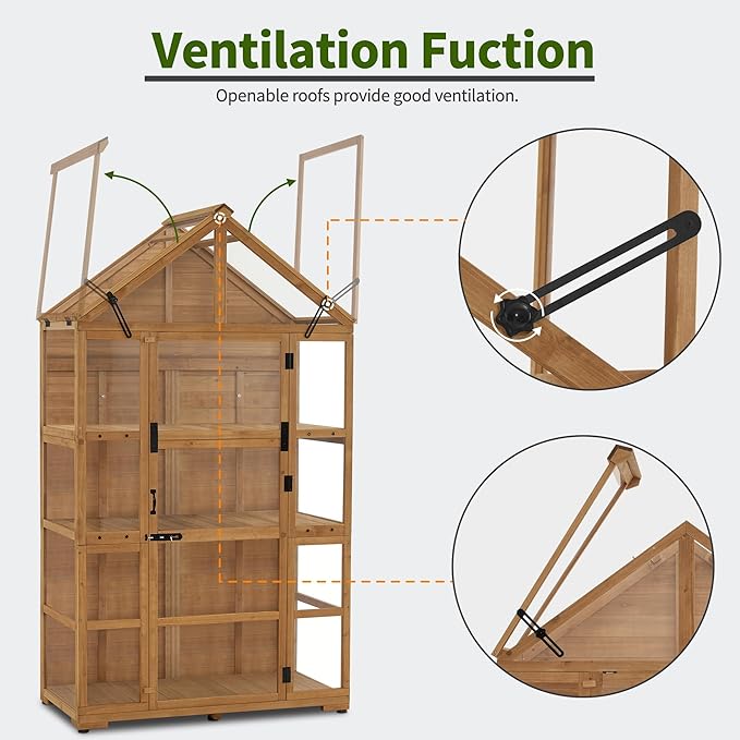 MCombo Wooden Greenhouse Outdoor with Openable Roof Vent and Adjustable Shelves, 0826 (Natural)