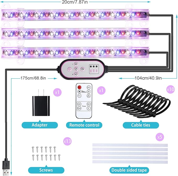 7.8'' LED Grow Light Strips, Grow Lamps for Indoor Plants Full Spectrum, Plant Light with 4/8/12H Timer, 10 Dimmable Levels for Seedling Succulent,Best Match for Plant Shelf, 3 Head