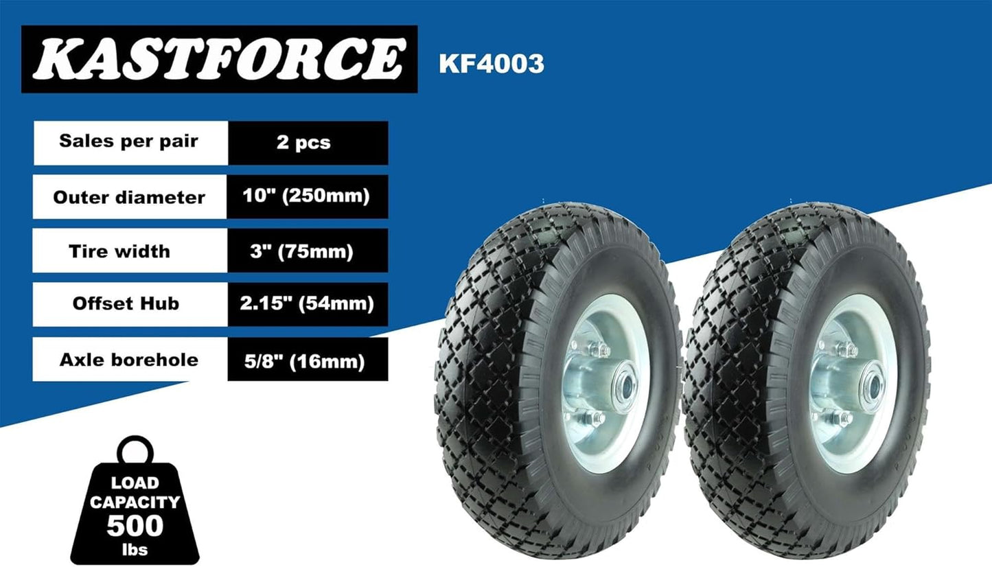 KF4003 Twin Pack 10-Inch Solid Rubber Tire Wheels Replacement 3.00-4 Tires Wheels Flat Free with 5/8" Bearings 2.15" Offset Hub Perfect for Hand Truck Wheelbarrow Garden Cart Non-Flat
