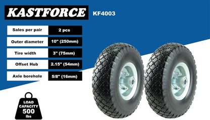 KF4003 Twin Pack 10-Inch Solid Rubber Tire Wheels Replacement 3.00-4 Tires Wheels Flat Free with 5/8" Bearings 2.15" Offset Hub Perfect for Hand Truck Wheelbarrow Garden Cart Non-Flat