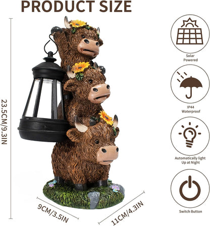 Solar Three Highland Cow Statues Outdoor Garden Decor with Latern Funny for Yard Lawn Ornaments Porch Patio Balcony Home Birthday Easter Gifts for Women Grandma Mom